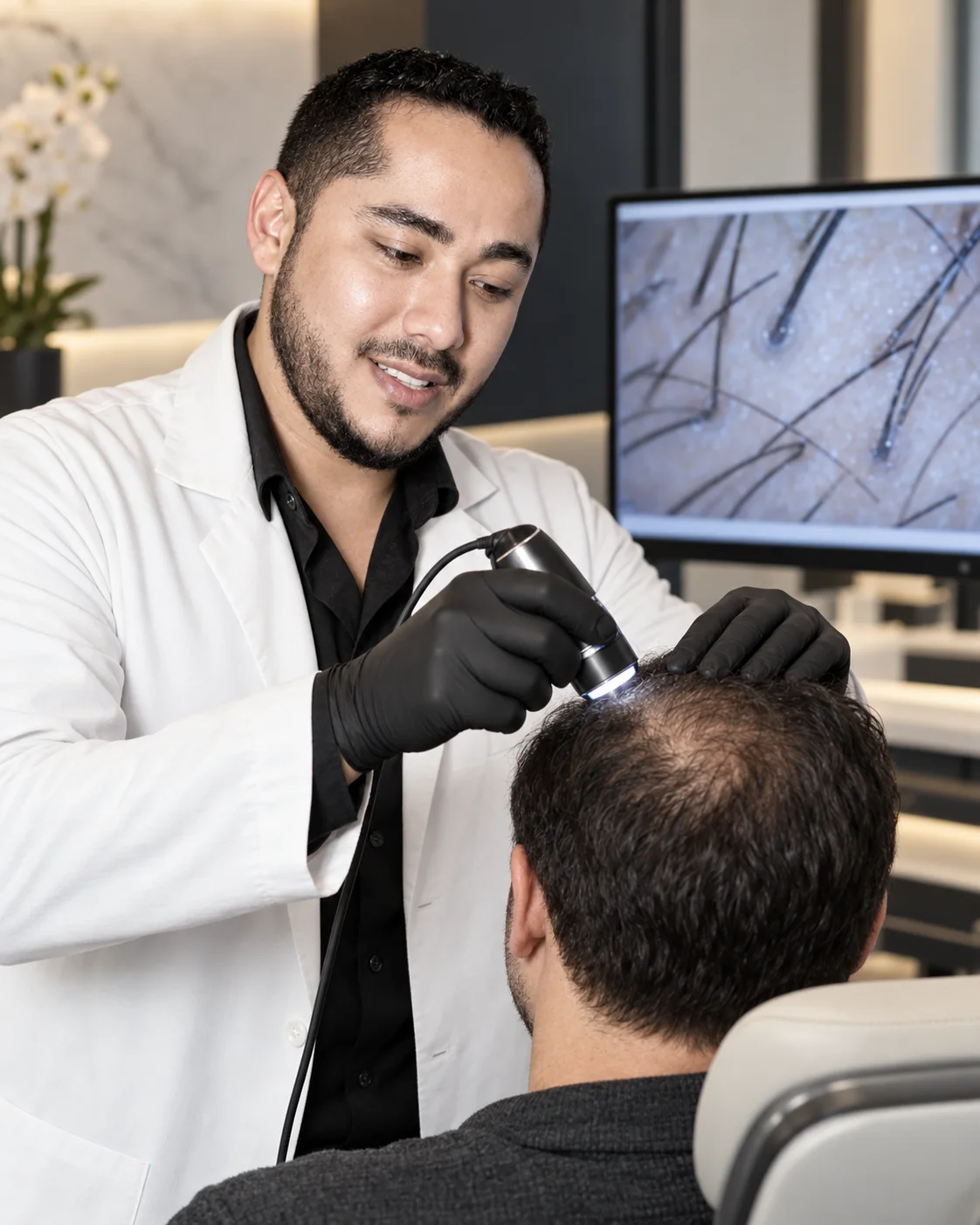 Dr. Barajas performing diagnostic trichoscopy for a patient with hair loss